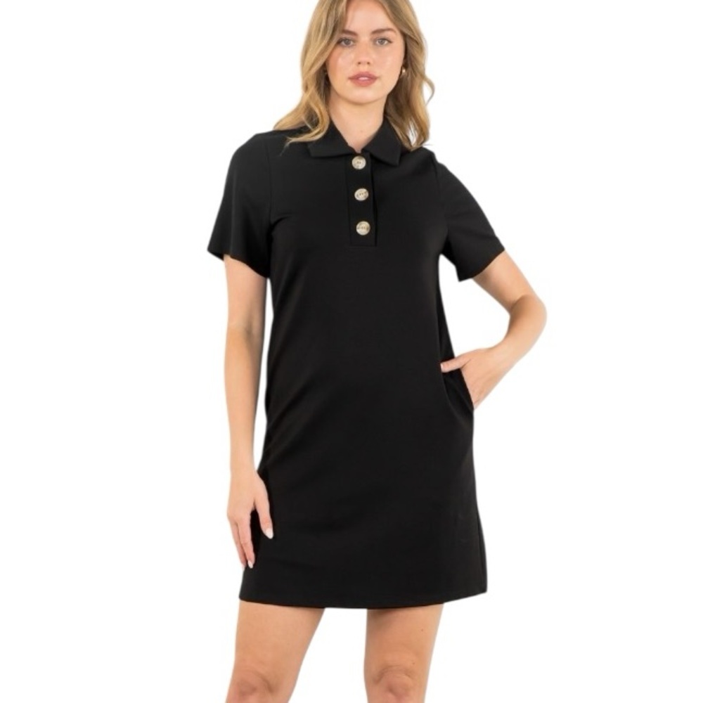 NWT THML Black Short Sleeve Polo Collar Stretch Ponte Knit Mini Dress - S